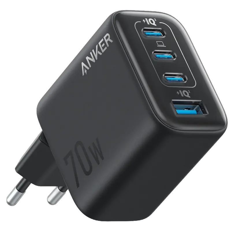 ANKER ANK-121-70W1A3C-B - Cargador USB - Potencia 70W - Carga rápida GaN - Display inteligente - Salidas 3x USB-C, 1x USB-A