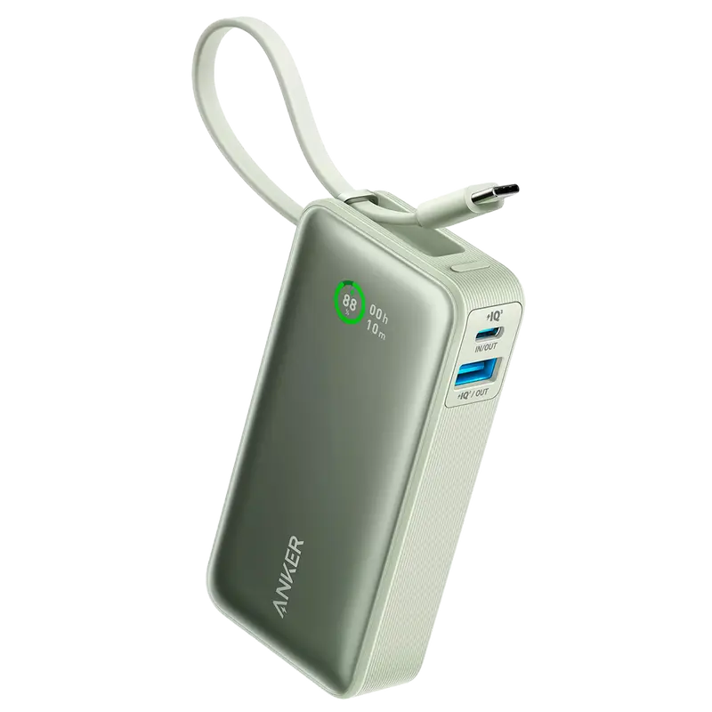 ANKER ANK-1259-G - Anker Power Bank con pantalla LCD - Capacidad 10000mAh - Color verde - Entradas cable integrado, Puerto USB-C