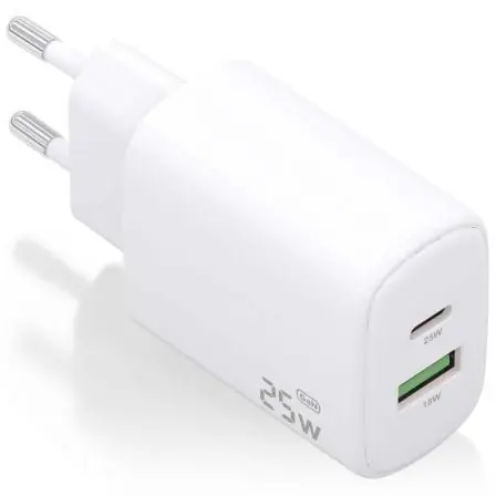 Cargador de Pared GaN Aisens A110-0911/ 1xUSB Tipo-C/ 1xUSB/ 25W/ Blanco