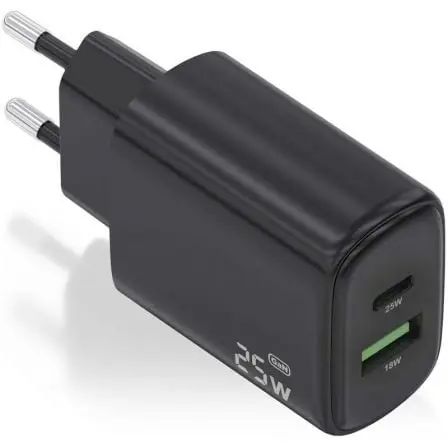 Cargador de Pared GaN Aisens A110-0912/ 1xUSB Tipo-C/ 1xUSB/ 25W/ Negro
