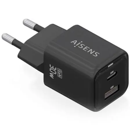 Cargador de Pared GaN Aisens ASCH-30W2P021-BK/ 1xUSB Tipo-C/ 1xUSB/ 30W