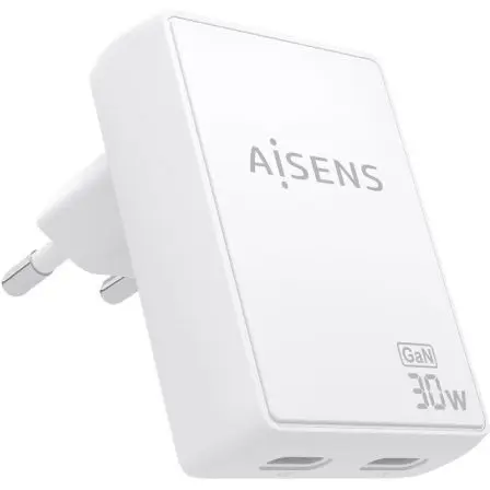 Cargador de Pared GaN Aisens ASCH-30W2P075-W/ 2xUSB Tipo-C/ 30W/ Blanco