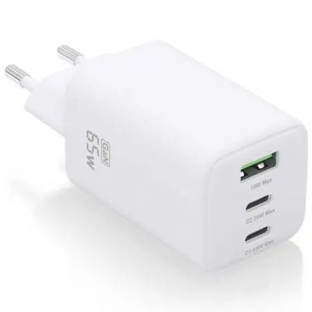 Cargador de Pared GaN Aisens ASCH-65W3P041-W/ 2xUSB Tipo-C/ 1xUSB/ 65W