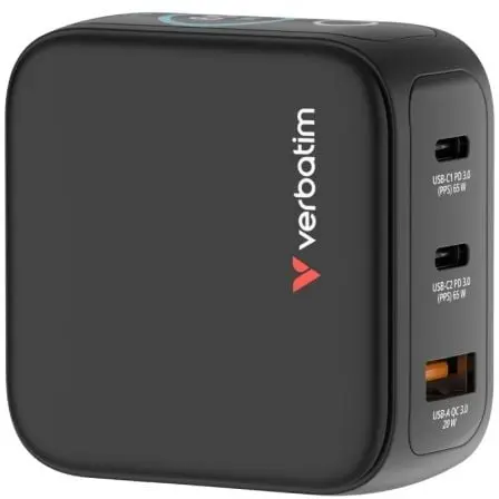 Cargador de Pared Universal GaN para Viaje Verbatim Mini GaN Charger Con Pantalla/ 2xUSB Tipo-C/ 1xUSB/ 65W