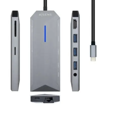 Docking USB 3.2 Tipo-C Aisens ASUC-9P001-GR/ 1 HDMI/ 3 USB/ 1 RJ45/ 1 Audio/ 1 Lector Tarjetas / USB PD/ Gris
