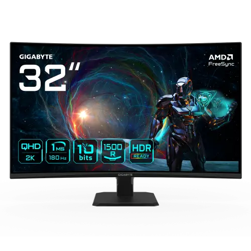 GIGABYTE GS32QCA 31.5" Monitor Curvo para Gaming QHD - 2560 x 1440, 180Hz, 1ms, 250 cd/m², FreeSync, HDR Ready, HDMI 2.0, DisplayPort 1.4