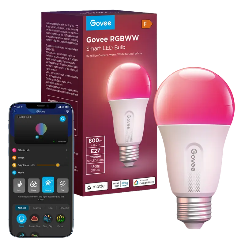 GOVEE GV-BULB-H6004-E27-1P - Bombilla inteligente E27 Govee - Wi-Fi 2.4 GHz + Bluetooth - Color segmentado + Blanco cálido/frío