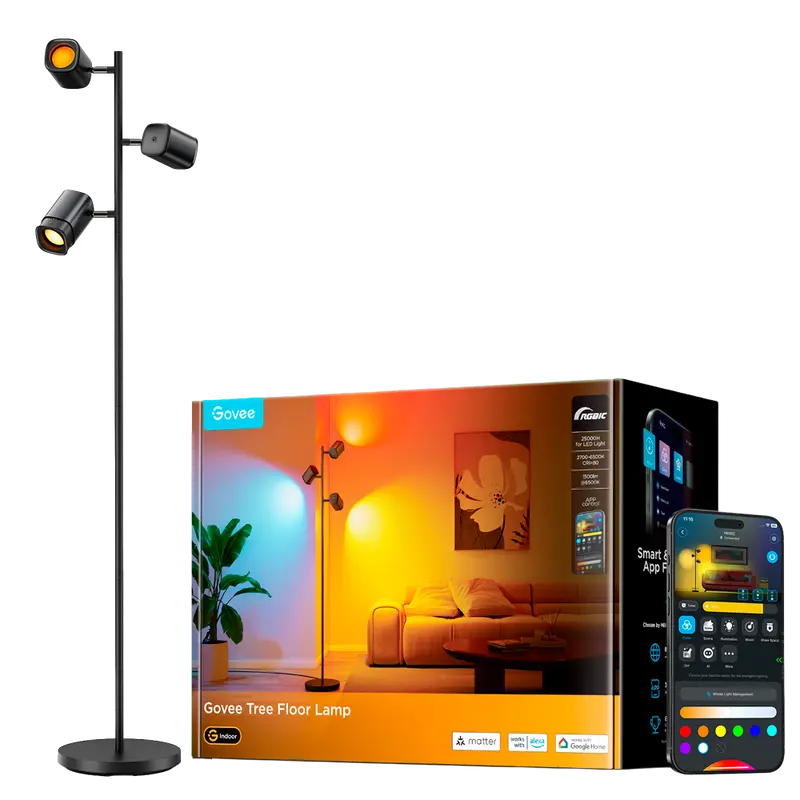 GOVEE GV-FLOOR-H60B2-TREE-170CM - Lámpara de pie de árbol Govee - Wi-Fi 2.4 GHz + Bluetooth - Color RGB + Blanco cálido/frío
