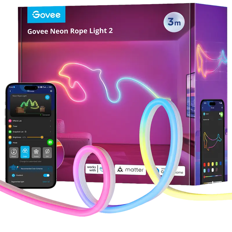 GOVEE GV-NEON-H61D3-3M-WHITE - Govee Tira NEON inteligente 3m - Wi-Fi 2.4 GHz + Bluetooth - Color RGB segmentado