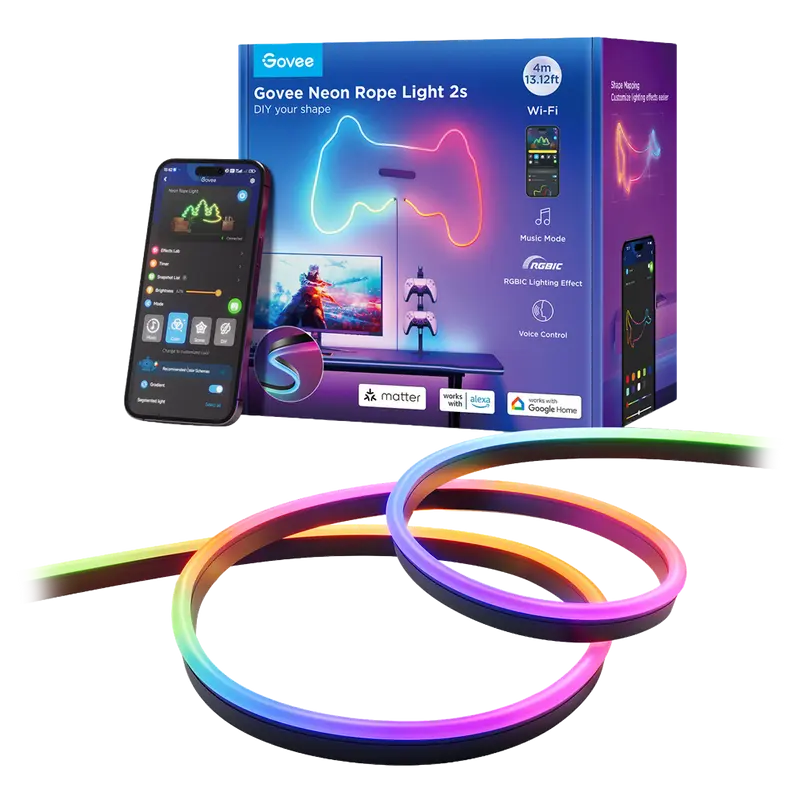GOVEE GV-NEON-H61D4-4M-BLACK - Govee Tira NEON inteligente 4m - Wi-Fi 2.4 GHz + Bluetooth - Color RGB segmentado