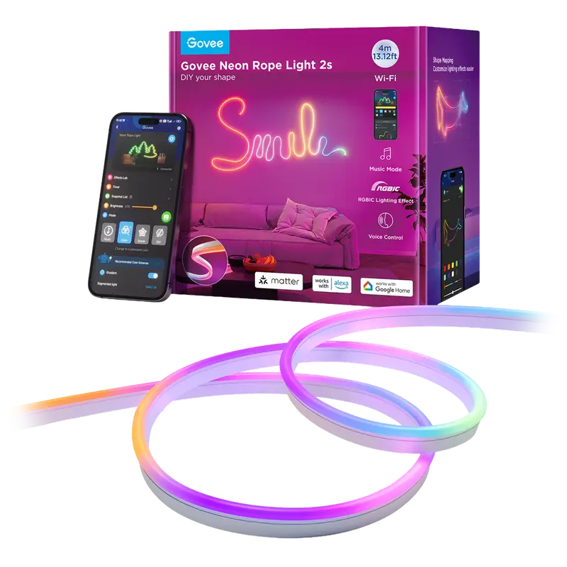 GOVEE GV-NEON-H61D4-4M-WHITE - Govee Tira NEON inteligente 4m - Wi-Fi 2.4 GHz + Bluetooth - Color RGB segmentado - 84 LEDs/m