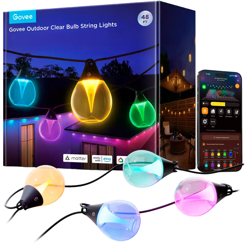 GOVEE GV-OUT-H7025-STRING-IP67 - Guirnaldas inteligentes Govee - Wi-Fi 2.4 GHz + Bluetooth - Color segmentado + Blanco - 80 lúmenes/luz