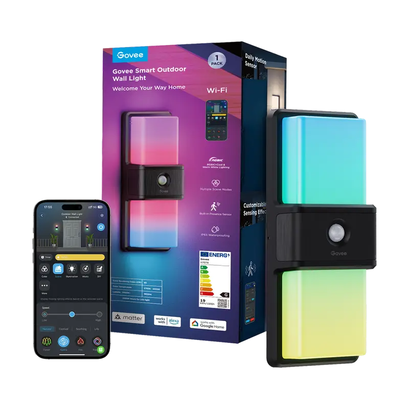 GOVEE GV-OUT-H7078-WALL-IP65 - Luz exterior de pared - Wi-Fi 2.4 GHz + Bluetooth - Color segmentado + Blanco cálido/frío