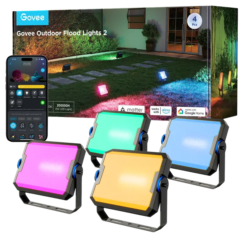 GOVEE GV-OUT-H8057-FLOOD-4PK - Govee pack 4 reflectores LED - Wi-Fi 2.4 GHz + Bluetooth - Color segmentado + Blanco cálido/frío