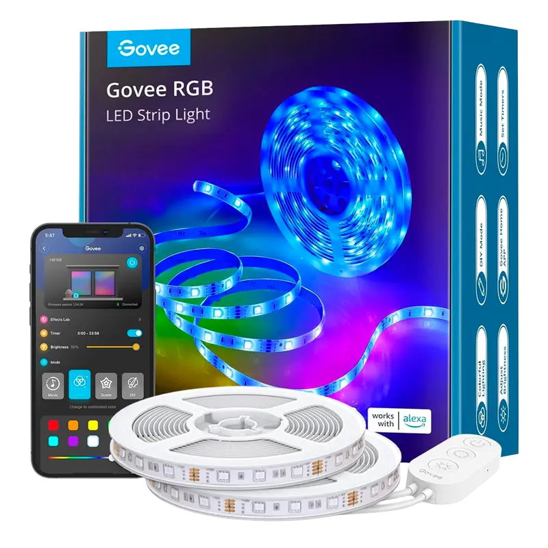GOVEE GV-STRIP-H6110-2X5M-RGB - Govee Tira LED inteligente 10m - Wi-Fi 2.4 GHz + Bluetooth - Color RGB - 90 lúmenes/m / 300LEDs