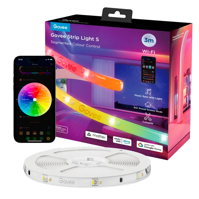 GOVEE GV-STRIP-H612F-3M-RGBIC-MATTER - Tira LED inteligente 3 m - Wi-Fi 2.4 GHz + Bluetooth - Color segmentado + Blanco