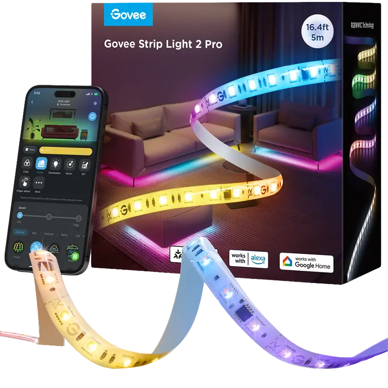 GOVEE GV-STRIP-H61F5-LIGHT2-PRO-5M - Govee Tira LED Phantasy inteligente 10m - Wi-Fi 2.4 GHz + Bluetooth - Color RGBWW segmentado