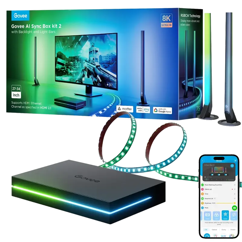 GOVEE GV-SYNC-H6603-AI-BOX2-KIT-27 - Retroiluminación de TV AI Sync Box 2 – Ultra Precisa - 2.4GHz / Bluetooth / HDMI 2.1 eARC