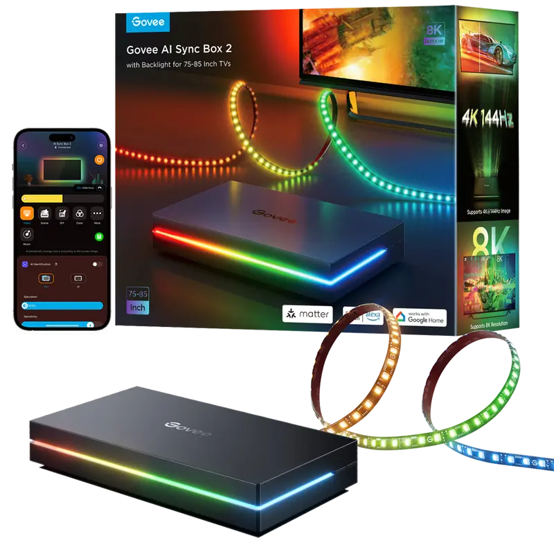 GOVEE GV-SYNC-H6604-AI-BOX2-75 - Retroiluminación de TV AI Sync Box 2 – Ultra Precisa - 2.4GHz / Bluetooth / HDMI 2.1 eARC