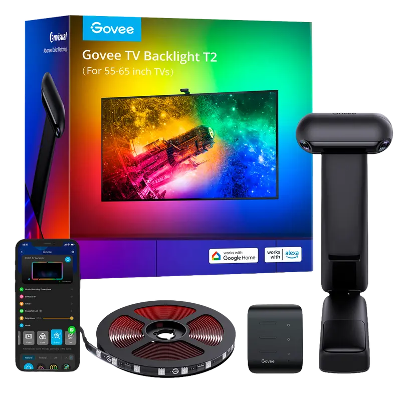 GOVEE GV-TV-H605C-T2-55 - Retroiluminación de TV T2 – Doble Cámara - Wi-Fi 2.4 GHz + Bluetooth - Color RGB segmentado - 60 LEDs/m
