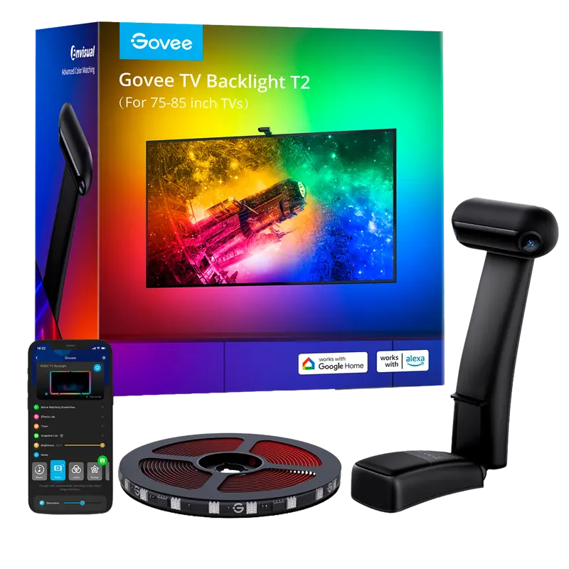 GOVEE GV-TV-H605C-T2-75 - Retroiluminación de TV T2 – Doble Cámara - Wi-Fi 2.4 GHz + Bluetooth - Color RGBIC segmentado / Envisual