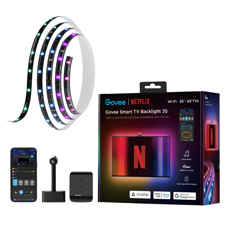 GOVEE GV-TV-H6098-3S-NF - Retroiluminación TV 3S x Netflix - Wi-Fi 2.4 GHz + Bluetooth - Color segmentado + Blanco