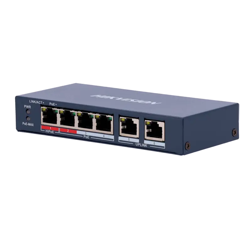 HIKVISION DS-3E0106HP-E - Switch PoE Hikvision - 4 puertos 10/100 Mbps PoE + 2 Uplink 10/100Mbps - 1 Puerto PoE++ 802.3af/at/bt