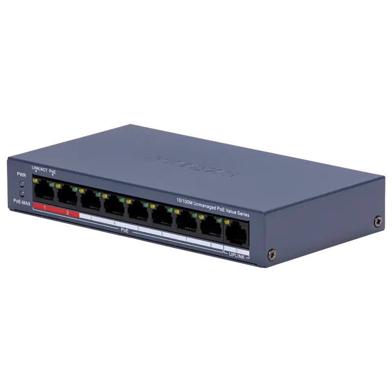 HIKVISION DS-3E0109P-E/M(C) - Switch de sobremesa Hikvision - 8 puertos PoE + 1 puerto Uplink (RJ45) - Velocidad 10/100 Mbps
