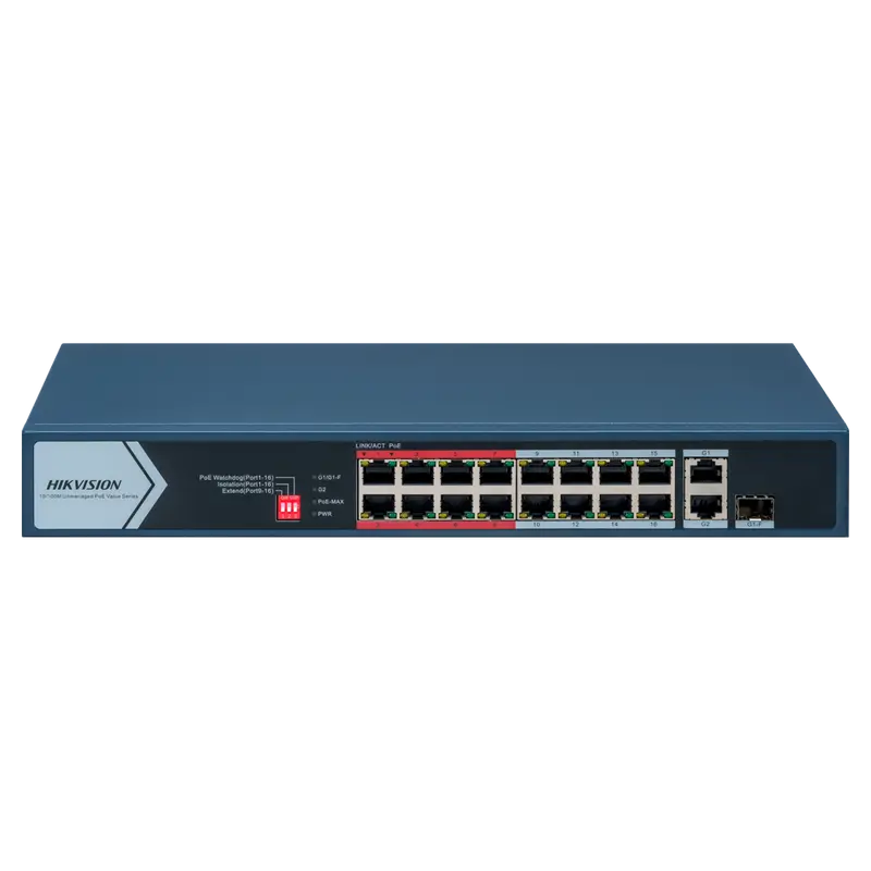 HIKVISION DS-3E0318P-E/M(C) - Switch PoE Hikvision - 16 puertos RJ45 FE + 2 puertos Gigabit RJ45/SFP - 16 Puertos PoE+ 802.3af/at