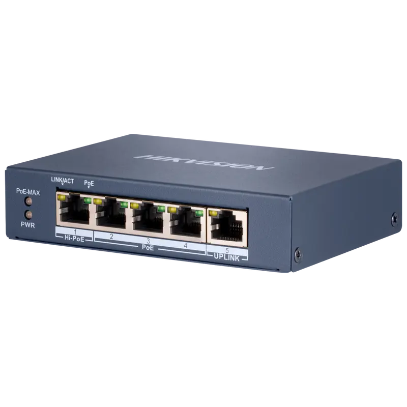 HIKVISION DS-3E0505HP-E - Switch PoE Hikvision - 4 RJ45 Gigabit + 1 uplink Gigabit RJ45 - 3 PoE+ 802.3af/at + 1 Hi-PoE 802.3af/at/bt