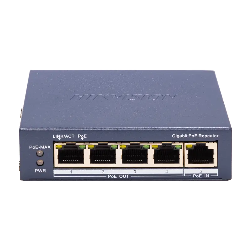 HIKVISION DS-3E0505P-E/R - Hikvision Indoor POE extender Switch - Amplía alcance alimentación POE - 4 puertos PoE Out + 1 puerto Poe IN
