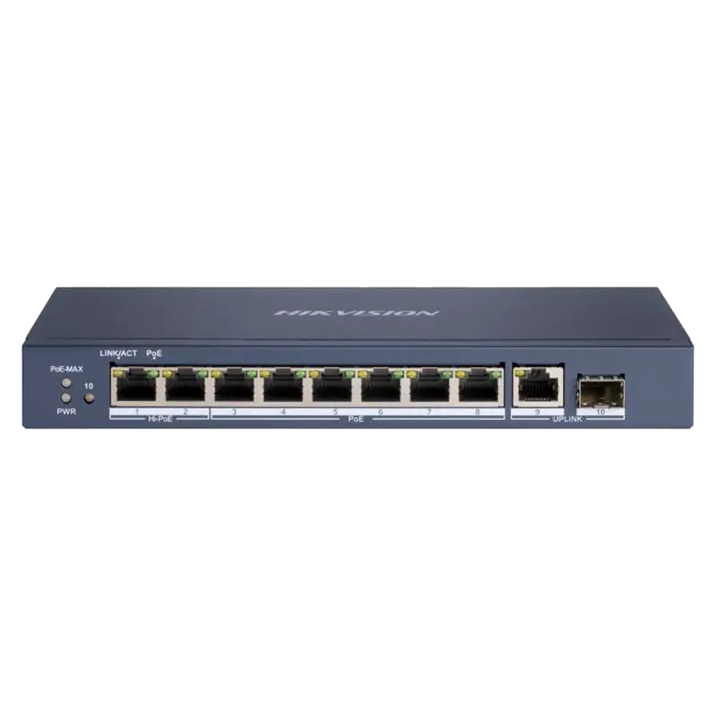 HIKVISION DS-3E0510HP-E - Switch Hi-PoE Hikvision - 8 puertos PoE + 1 Uplink RJ45 + 1 Uplink SFP