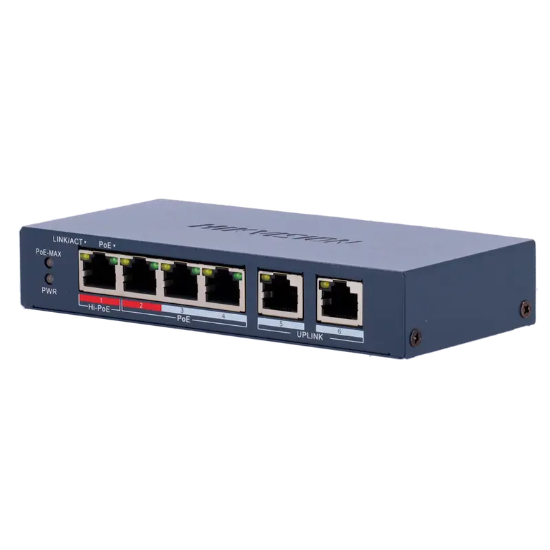 HIKVISION DS-3E1106HP-EI - Hikvision Switch PoE Gestionable - 4 Puertos PoE 802.3af/at/bt + 2 Uplink