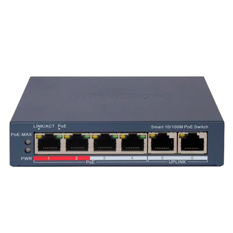HIKVISION DS-3E1106P-EI - Hikvision Switch PoE Gestionable - 4 Puertos PoE 802.3af/at + 2 Uplink - Velocidad 10/100 Mbps en cada puerto