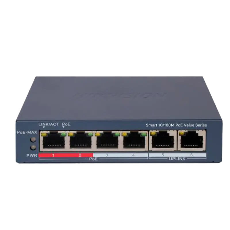 HIKVISION DS-3E1106P-EI/M - Hikvision Switch PoE Gestionable - 4 Puertos PoE 802.3af/at + 2 Uplink