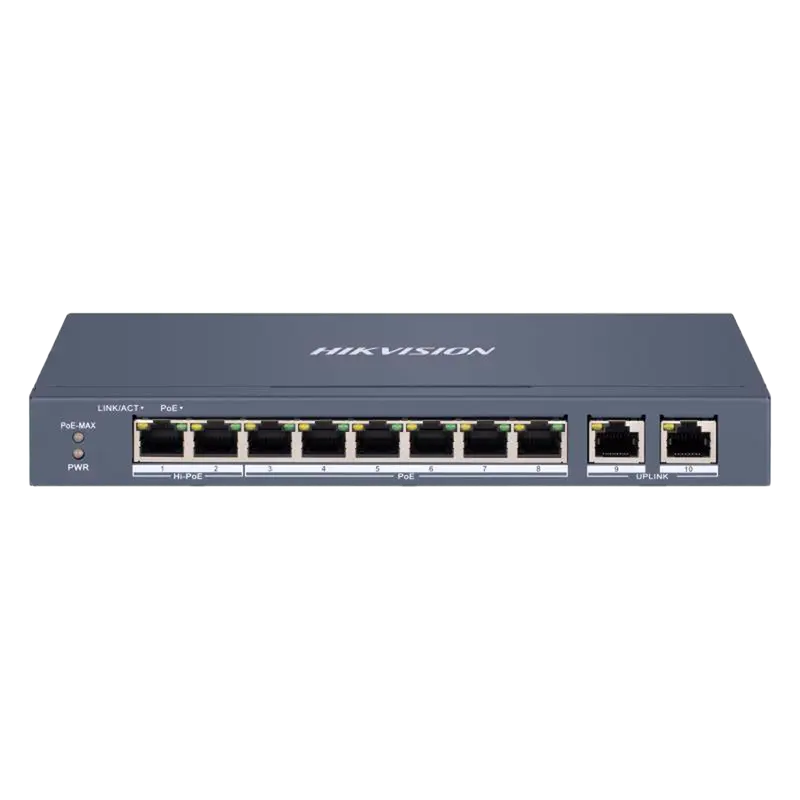 HIKVISION DS-3E1310HP-EI - Hikvision Switch PoE Gestionable - 8 Puertos PoE 802.3af/at/bt + 2 Uplinks