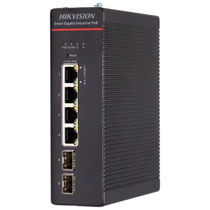 HIKVISION DS-3T1506HP-SI-4P2F - Hikvision Switch Industrial Smart Managed L2 - 4 Puertos Gigabit Hi-PoE + 2 Uplinks SFP