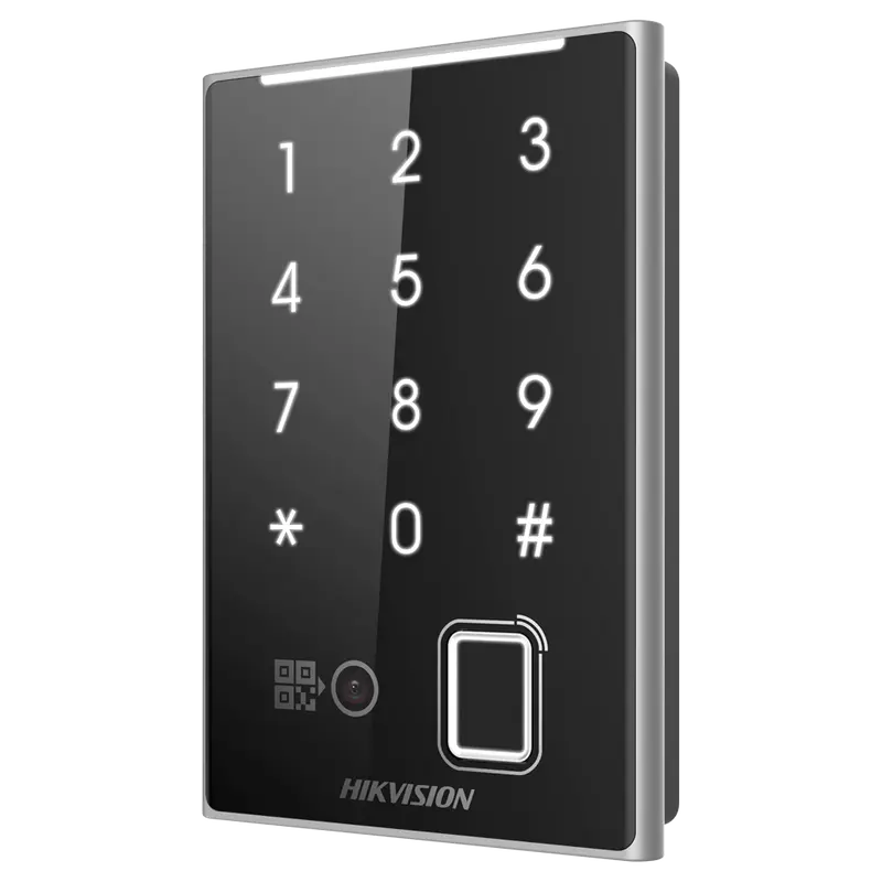 HIKVISION DS-K1109DKFB-QR - Lector de acceso - Acceso por huella, tarjeta MF DESFire, QR y PIN - Indicador LED y acústico