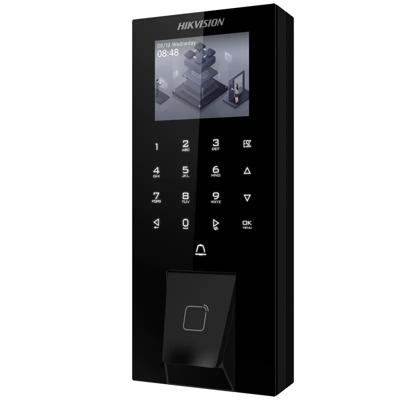 HIKVISION DS-K1T807MBFWX-E1 - Control de acceso y presencia PoE IP65 - Huella, tarjeta MF y PIN - 5.000 usuarios - 150.000 registros