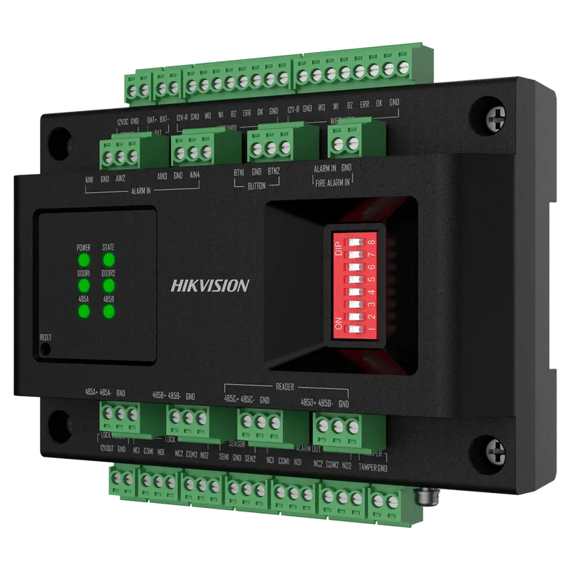 HIKVISION DS-K2M002X - Controladora de acceso extensora - Facial, huella, tarjeta, QR o PIN - 2 puertas - Comunicación RS485