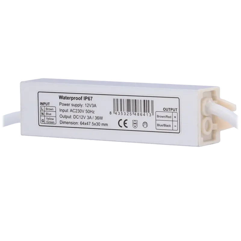 MARCA BLANCA DC12V3A-IP67 - Fuente de alimentación exterior estanca e industrial - Potencia de salida estable de 36W a 12 VDC