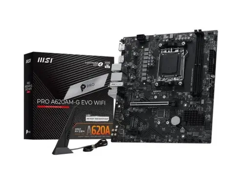 MSI PLACA MSI PRO A620AM-G EVO WIFI,AMD,AM5,A620,2DDR5,128GB,DP+HDMI,2.5GBLAN+WIFI6E+BT5.3,4SATA6+2XM.2,7USB3.2,MATX
