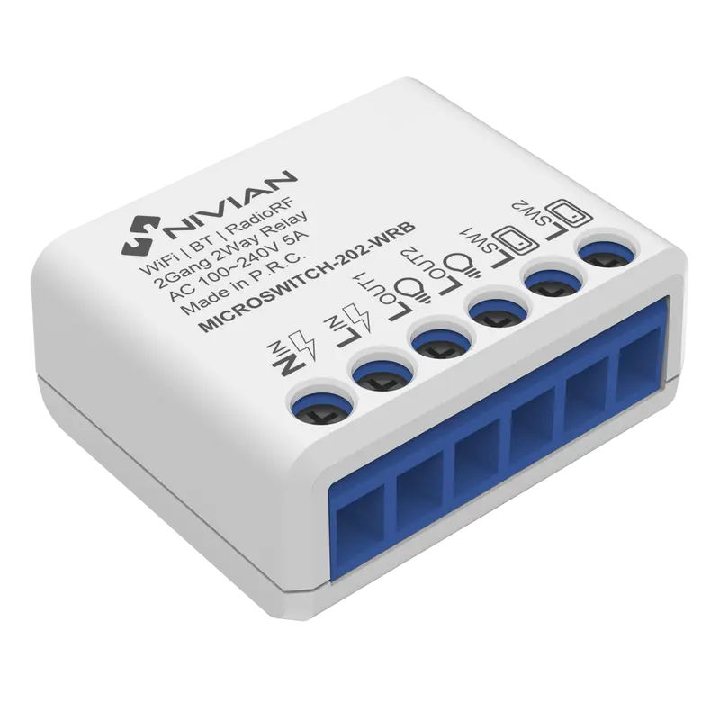 NIVIAN SMART NVS-MICROSWITCH-202-WRB - Relé inteligente de 2 Lineas - WiFi 2.4 GHz IEEE802.11 b/g/n - Carga máxima 16A (por cada linea)