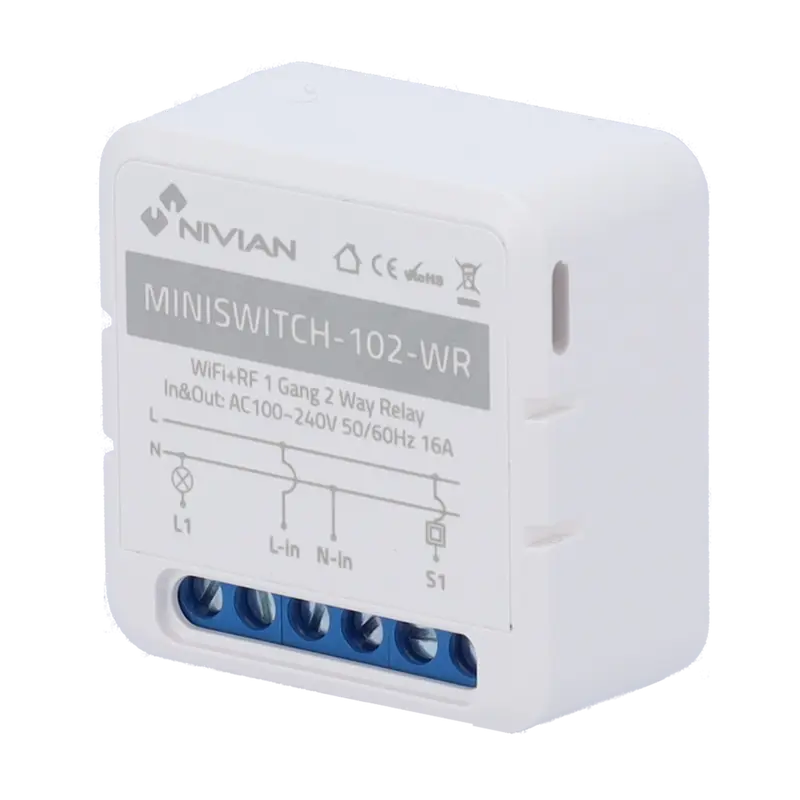 NIVIAN SMART NVS-MINISWITCH-102-WR - Relé inteligente de 1 Linea - WiFi 2.4 GHz IEEE802.11 b/g/n - Carga máxima 16A