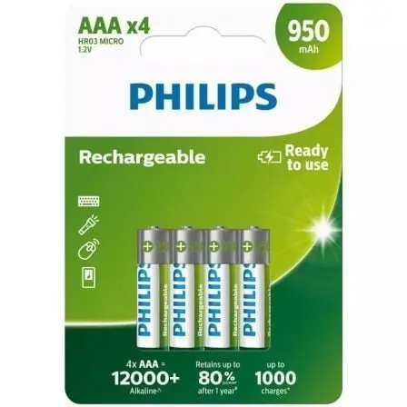 Pack de 4 Pilas AAA Philips R03B4A95/10/ 1.2V/ Recargables