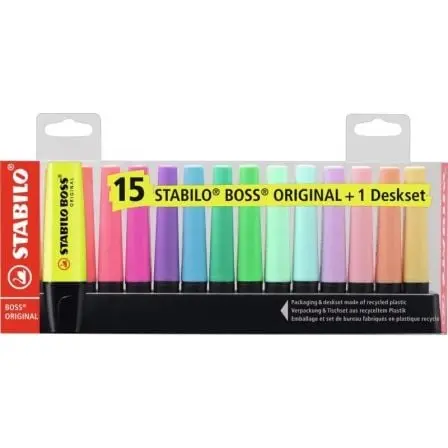Peana de Marcadores Fluorescentes Stabilo Boss Original/ 15 Unidades/ Colores Surtidos/ Incluye Soporte