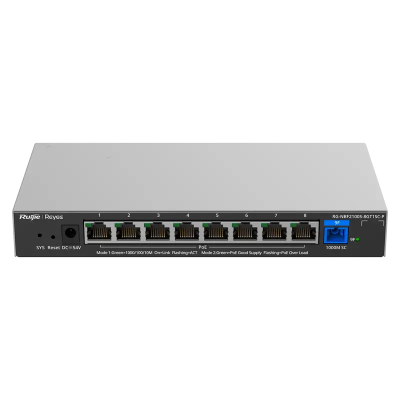 REYEE RG-NBF2100S-8GT1SC-P - Reyee E-Lighten Switch PoE Cloud Capa 2 - 8 puertos RJ45 Gigabit 802.3af/at - 1 Puerto óptico SC 1G (PON)