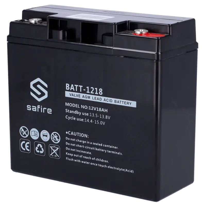 SAFIRE BATT-1218 - Batería recargable - Tecnología plomo ácido AGM - Voltaje 12 V - Capacidad 18 Ah - 168 x 181 x 77 mm / 5600 g