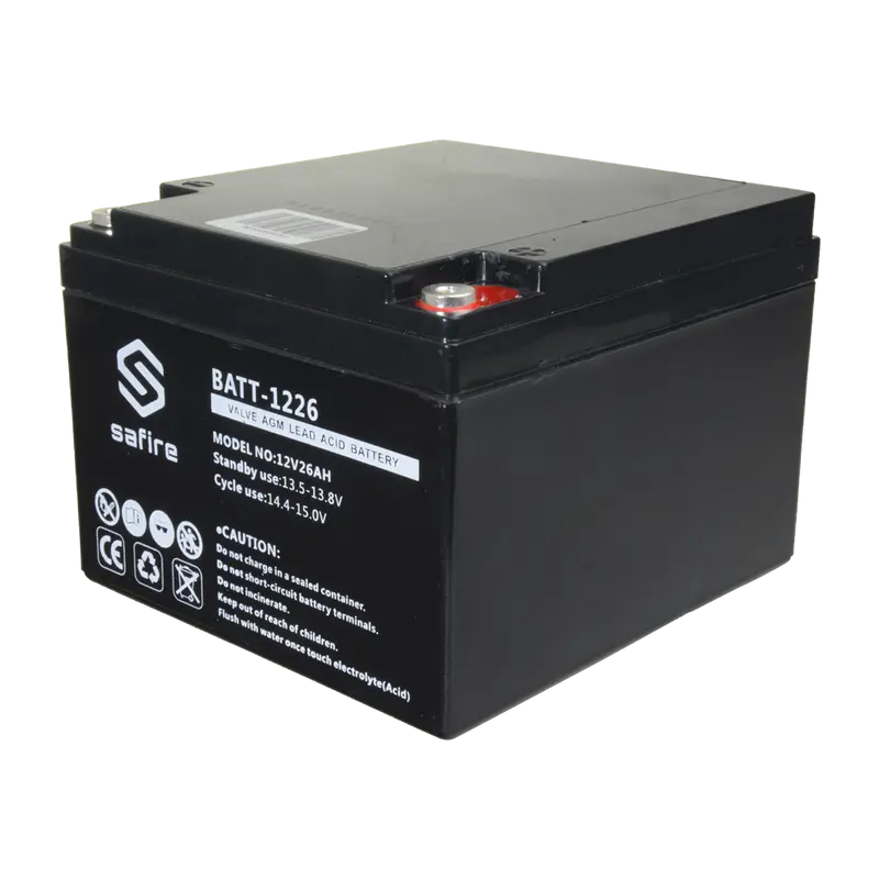 SAFIRE BATT-1226 - Batería recargable - Tecnología plomo ácido AGM - Voltaje 12 V - Capacidad 26 Ah - 182 x 166 x 126 mm / 8400 g