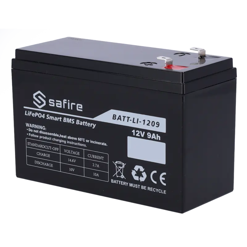 SAFIRE BATT-LI-1209 - Batería recargable - Litio LiFePO4 - Tensión 12V - Capacidad 9Ah - 3000 ciclos - 151 (An) x 97 (Al) x 65 (Fo) mm / 1.05Kg